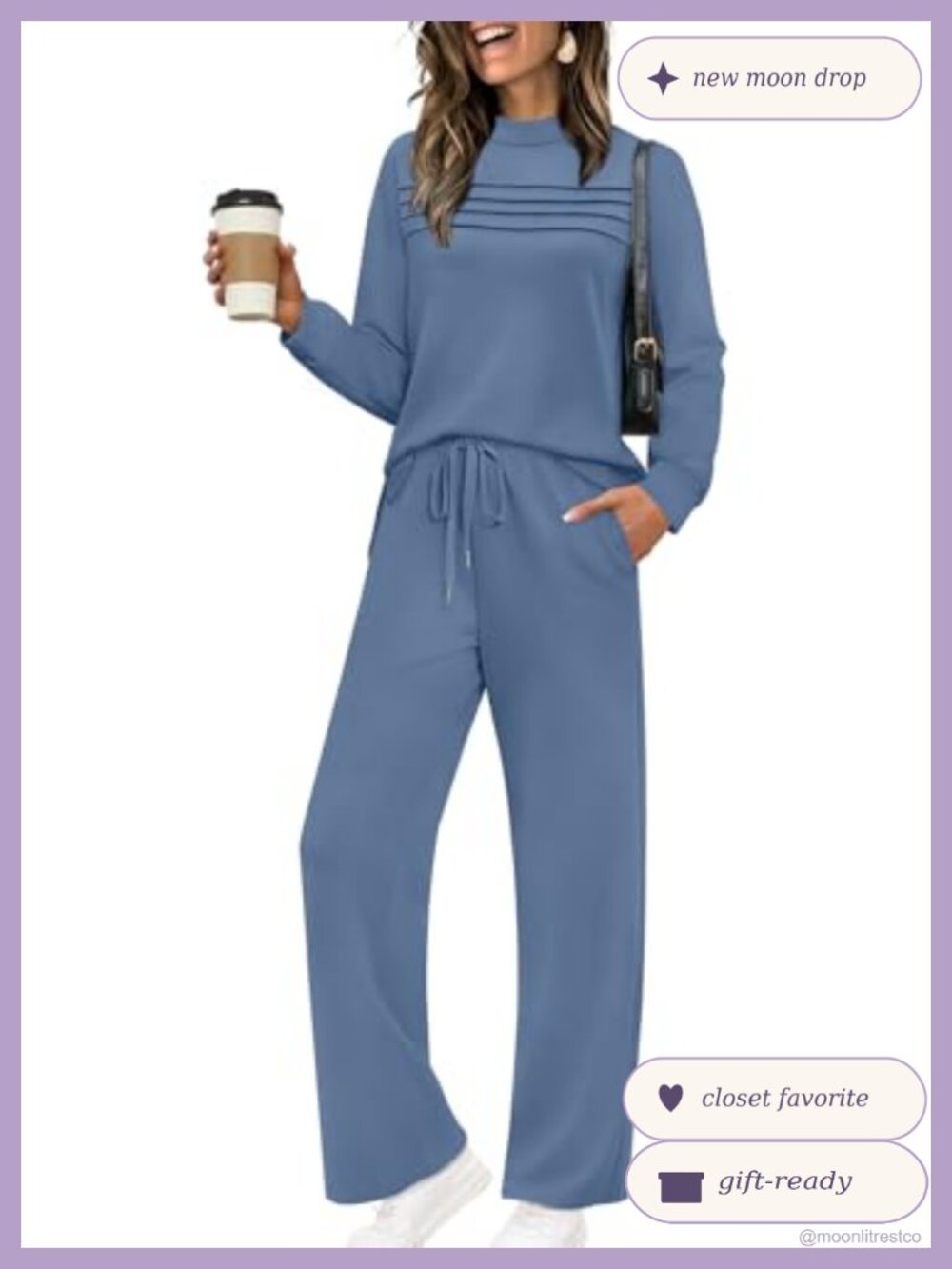 Womens Two Piece Lounge Set Long Sleeve Top Wide Leg Crop Pants Travel Set